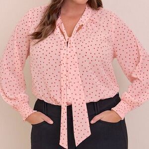 Torrid Womens Plus Size Pink Chiffon Bow Front Button-Up Polkadot Blouse Size 5X